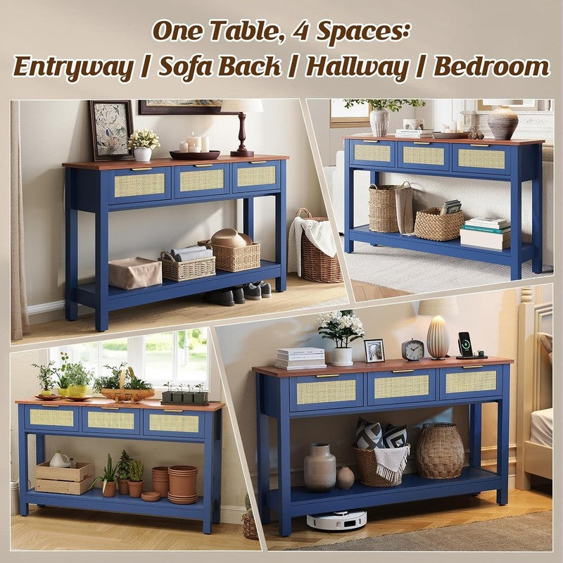 47'' Blue Entryway Console Table 3 Rattan Drawers Open Shelf Sofa Table6