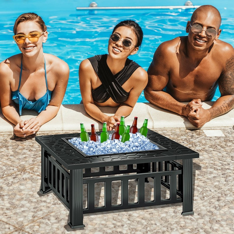 32" Wood Burning Fire Pit Table Square Metal w/ Mesh Lid, Poker, Cover, Black3