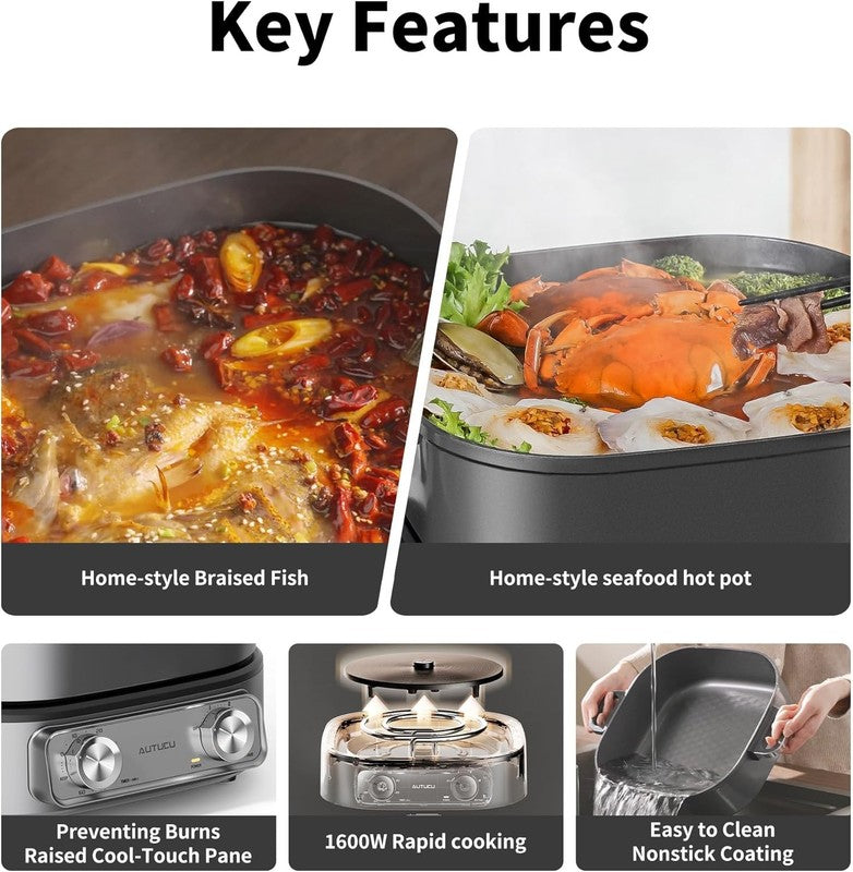 6QT Electric Skillet Nonstick Ceramic Hot Pot 1600W Timer 3 Power Settings6
