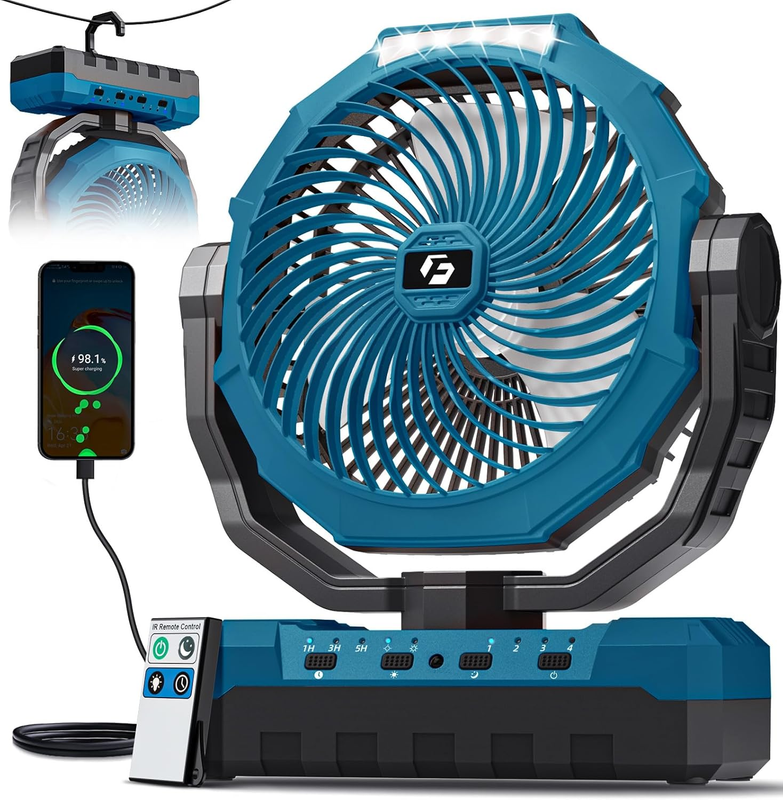3-in-1 Camping Fan 24000mAh Rechargeable Portable Fan w/ Light Tent Travel Blue8