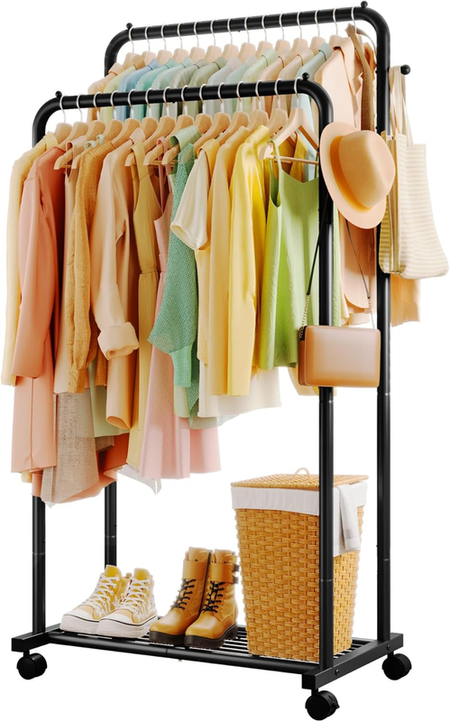 Clothes Rack with Double Rods, Mesh Shelf & Wheels, Metal Garment Rack Black9