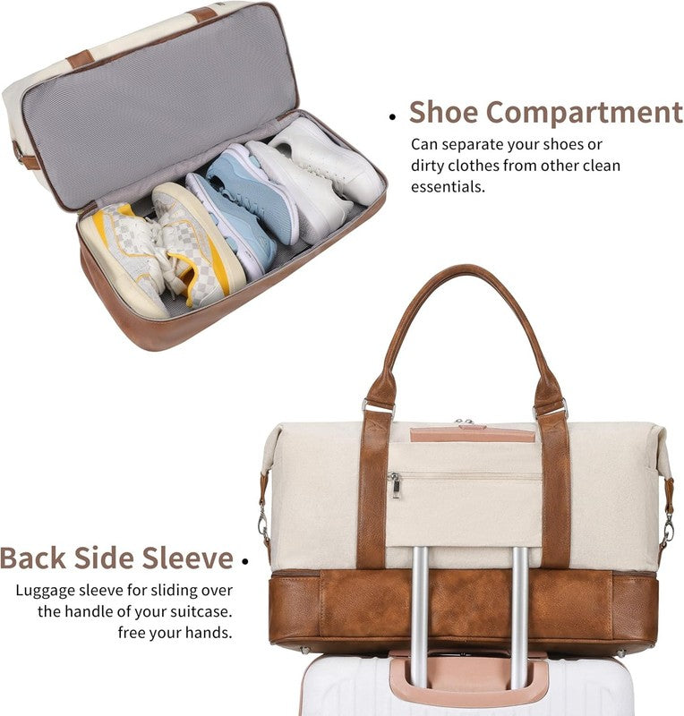 21in Women Weekender Duffle Bag 2Pc Canvas Leather Carry On Shoe Compartment6