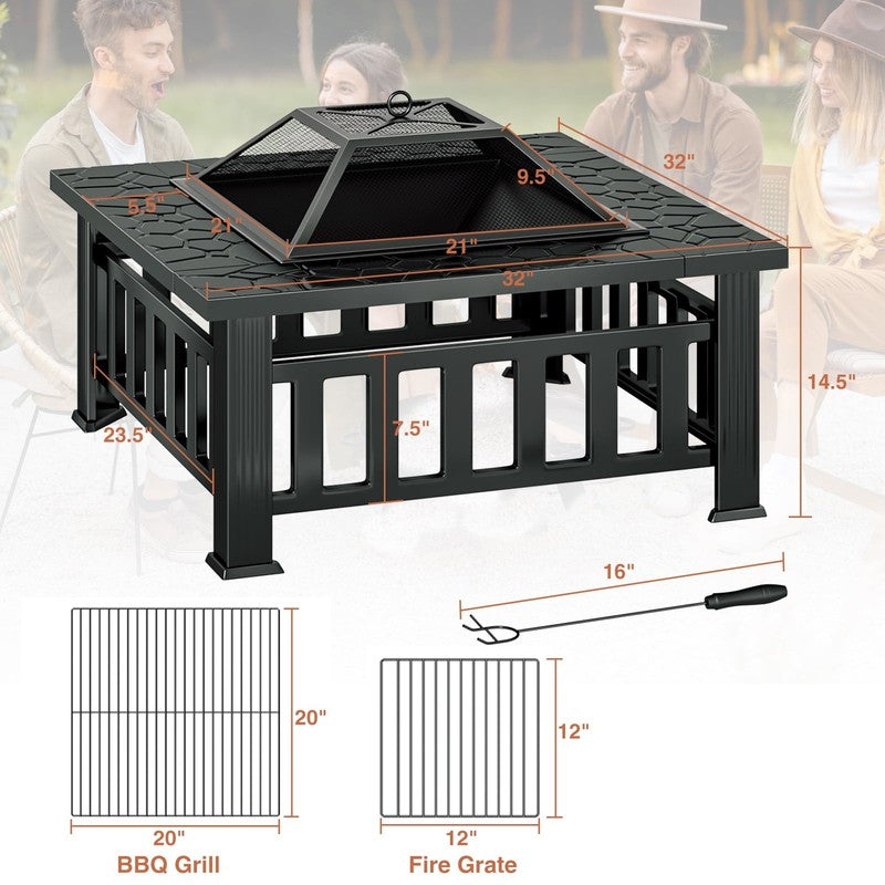 32" Wood Burning Fire Pit Table Square Metal w/ Mesh Lid, Poker, Cover, Black2