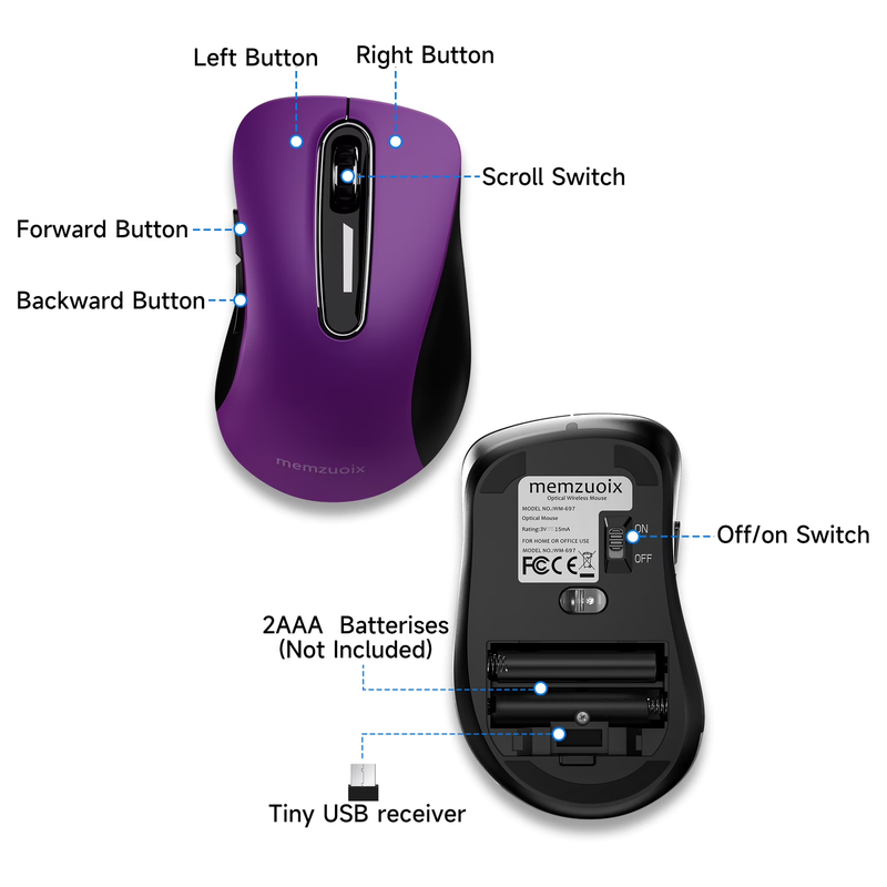 2.4GHz Wireless Mouse 1200 DPI 5 Button USB Receiver for PC Laptop Purple5