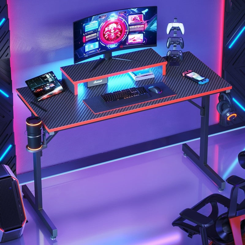 42" Gaming Desk PC Table w/ LED Lights & Monitor Stand Red1