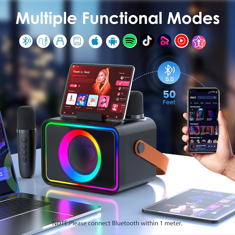 Bluetooth Karaoke Machine w/ 2 Wireless Microphones LED Party Speaker PA4