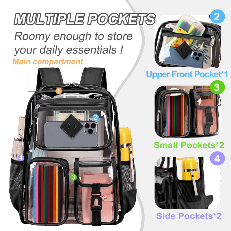 Large Clear Backpack Waterproof See Through School Bag Black2