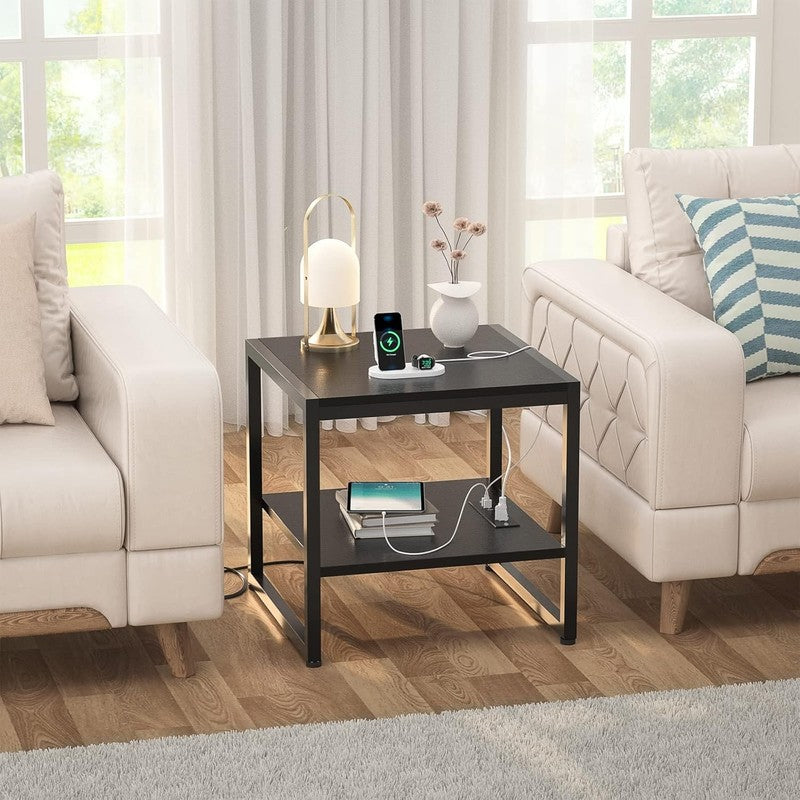 End Table with Charging Station 2 Tier Shelf Mini Fridge Stand Black6
