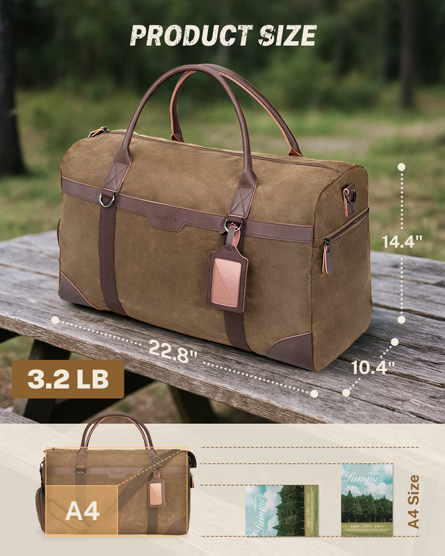 55L Waxed Canvas Duffle Bag Water Resistant Vintage Weekender w/Shoe Comp1