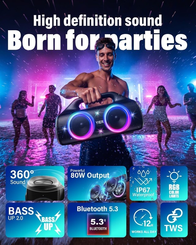 80W Bluetooth Speaker, IP67 Waterproof, Deep Bass, Lights, Stereo, Portable1