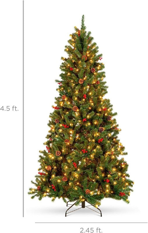 Pre-Lit Pre-Decorated Spruce Christmas Tree 4.5Ft 150 Lights Pinecones Berries6