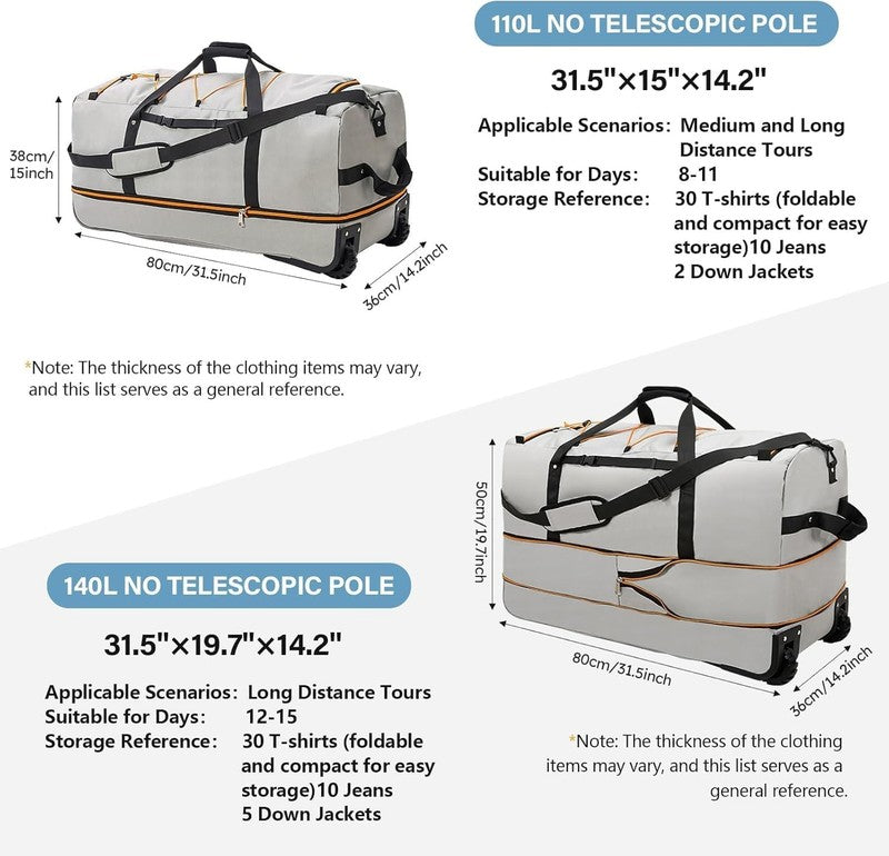Rolling Duffle Bag with Wheels,110L/140L Expandable Soft Sided Foldable Duffle B2