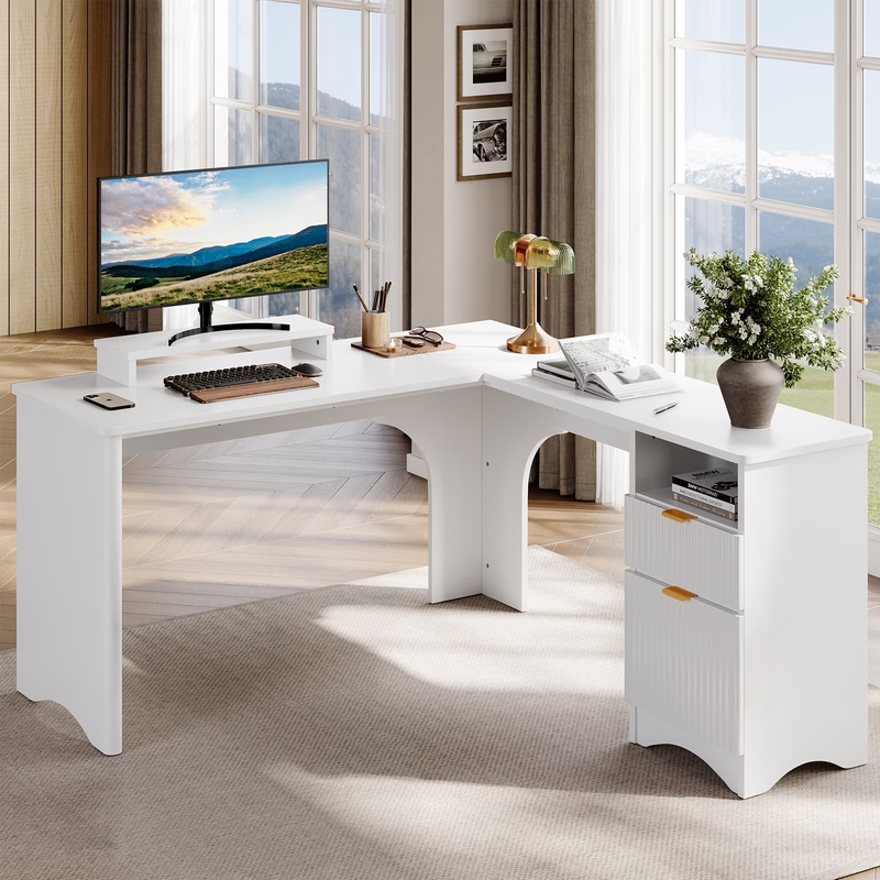 55" L-Shaped Desk with Drawers, Monitor Stand & Fluted Panels White0