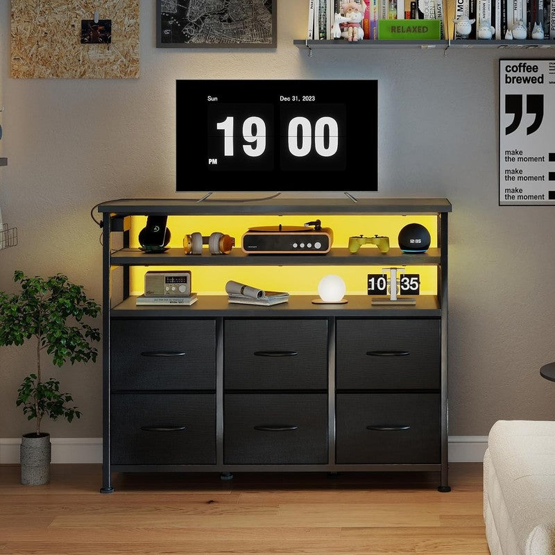 45 Inch TV Stand Wood Top Media Console 6 Drawers LED Lights Charging1
