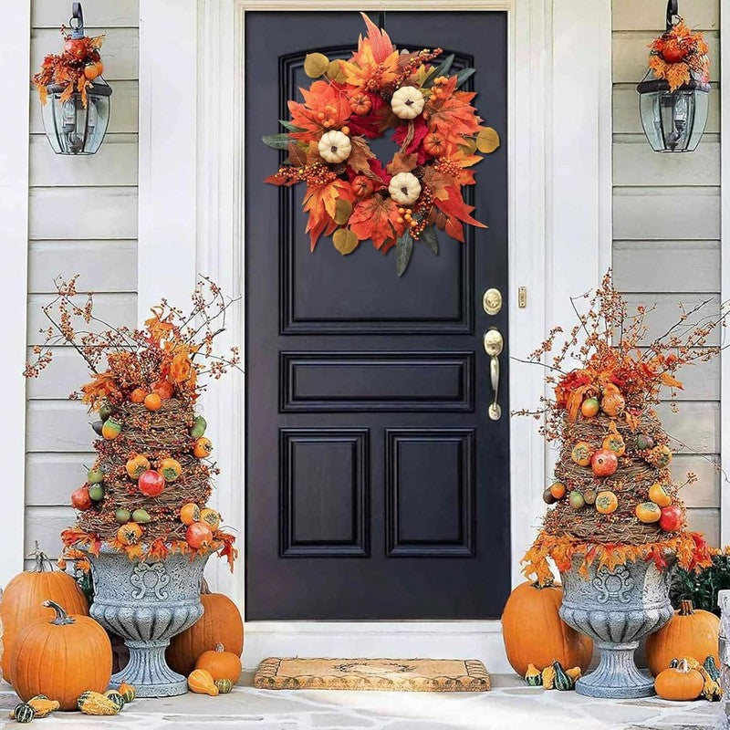 21" Fall Wreath Thanksgiving Pumpkin Maple Leaves Autumn Door Decor7