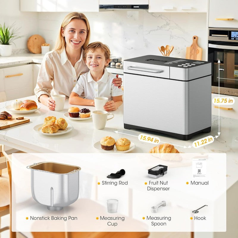 2LB Bread Maker 19-in-1 w/ Fruit Nut Dispenser Stainless Steel4