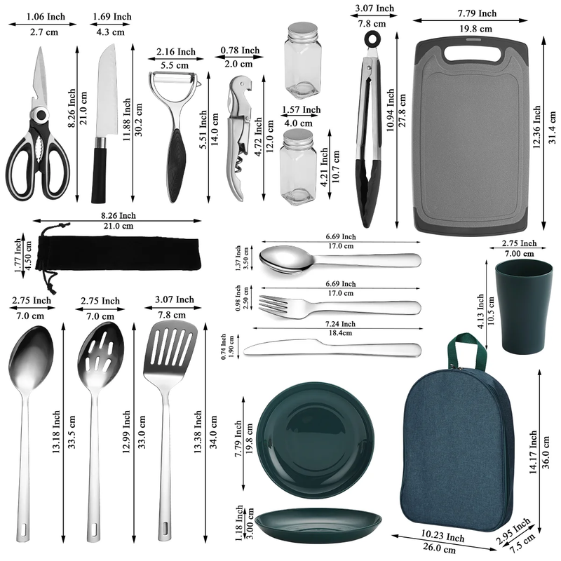 Camping Cooking Utensils Set Stainless Steel Silverware Plates Cups Outdoor1