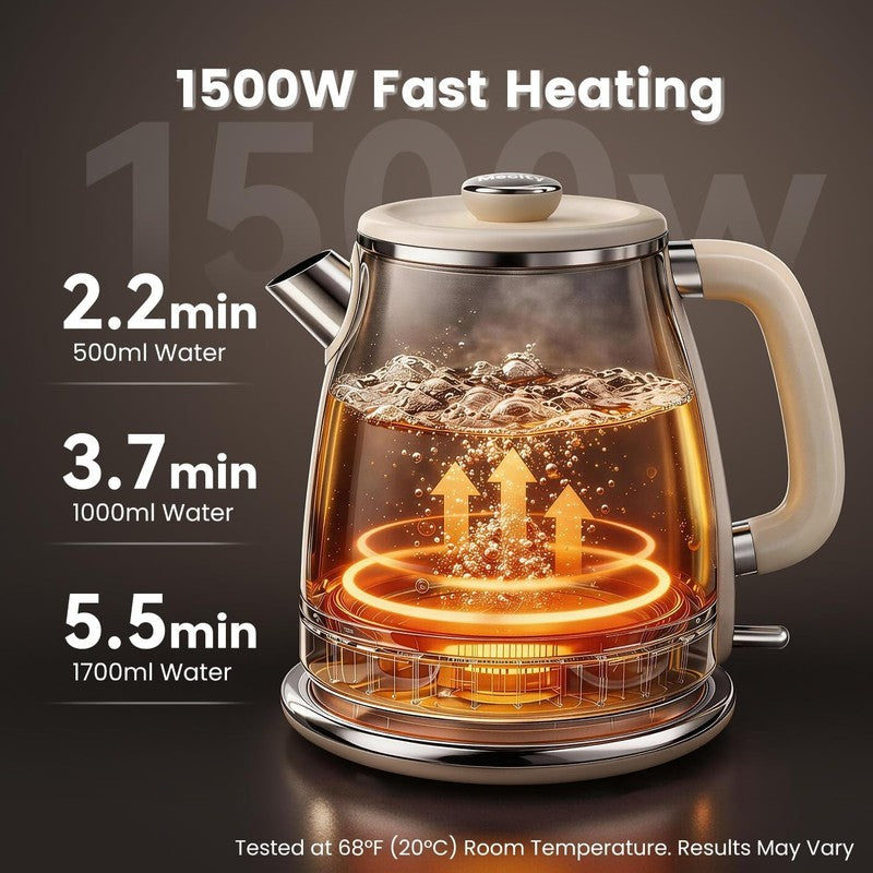Retro Electric Kettle 1.7L Stainless Steel Fast Boil 1500W Cream Thermometer1