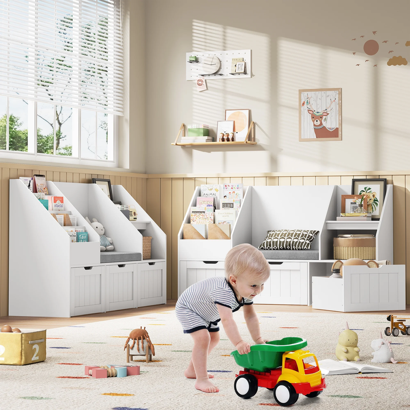 Kids Bookshelf with Reading Nook & 3 Movable Drawers, 2 Cube Bookcase with 4 Tie10
