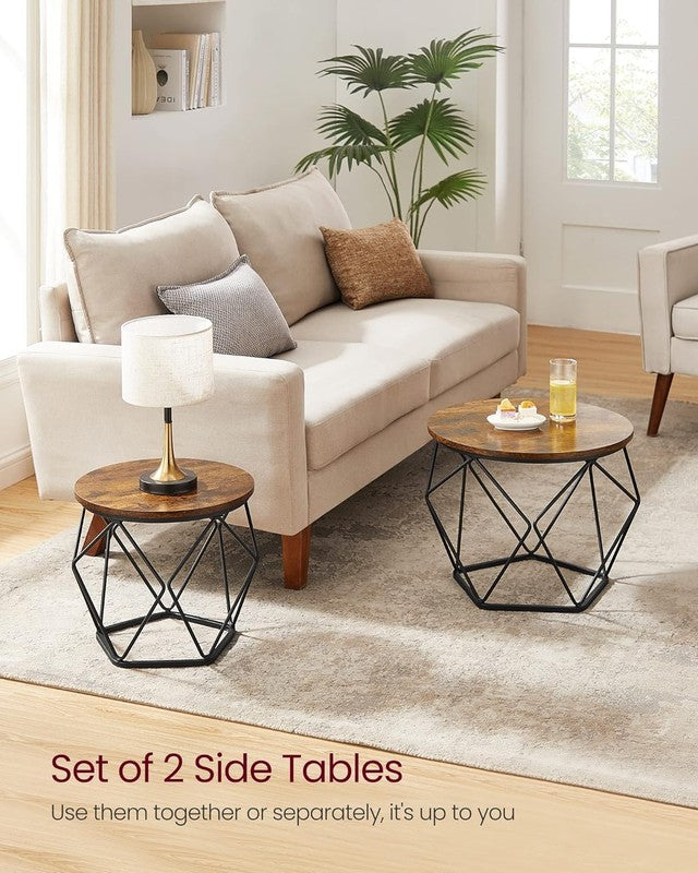 Small Round Coffee Table Set of 2 Steel Frame Side End Tables Rustic Brown Black3