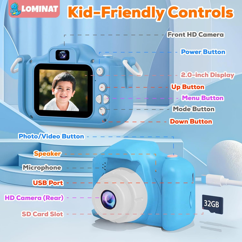 Kids 1080P HD Camera Dinosaur Dual Lens w/32GB SD Gift for Boys Girls 3-98