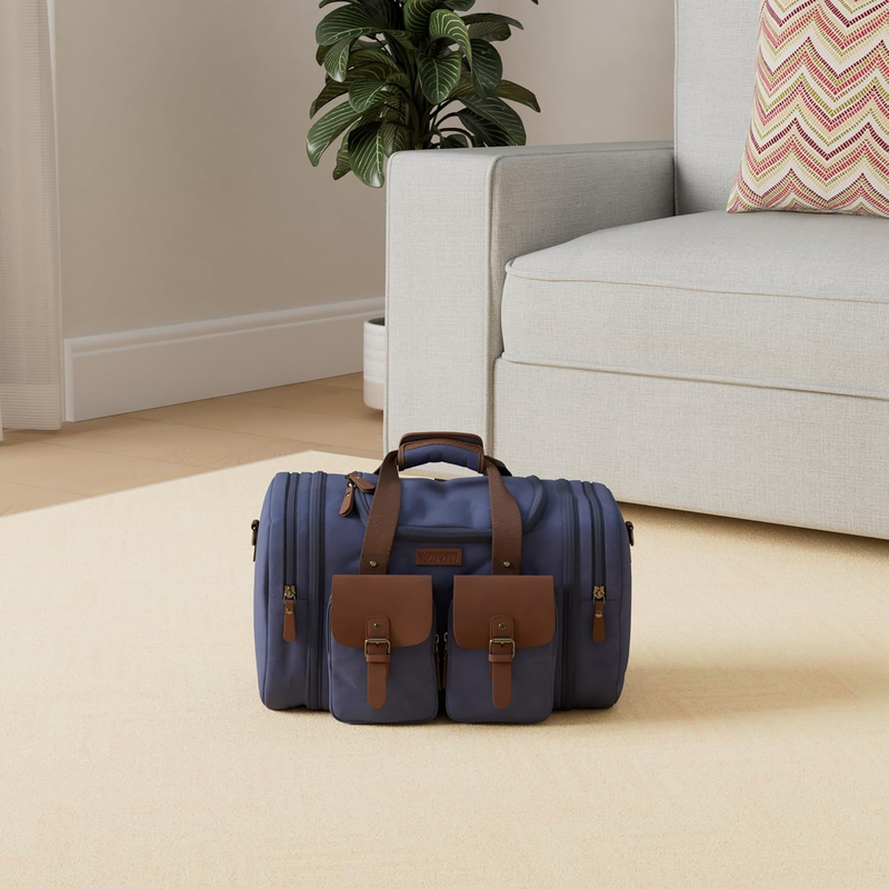 Travel Duffel Bag 50L Expandable Canvas Leather Carry On Bag Weekender1