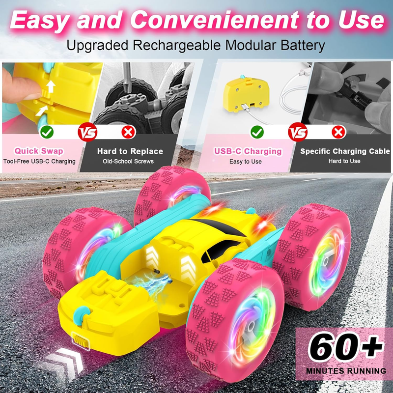 Remote Control Car for Girls 4WD Stunt Car 360 Flips RGB Lights 6+1
