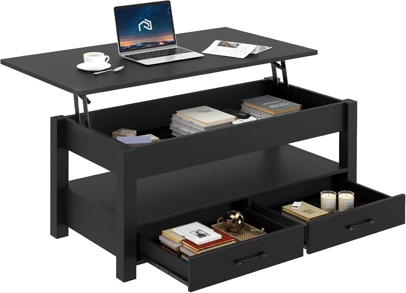 Lift Top Coffee Table w/ Drawers Hidden Compartment Retro Wooden Black0