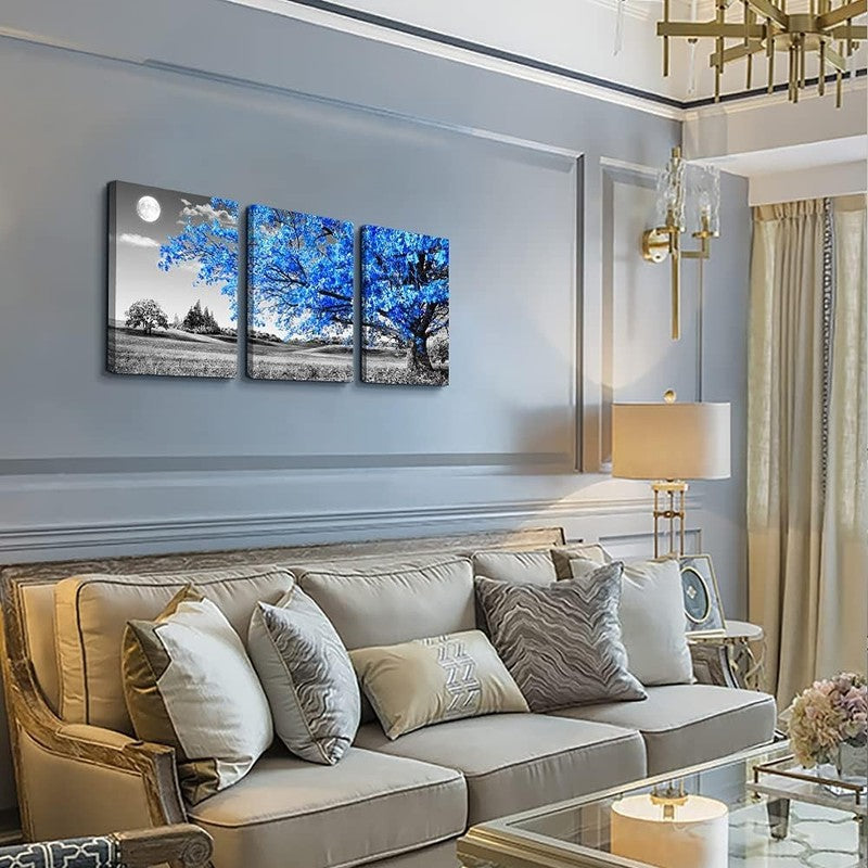 Black and White Blue Tree Moon Canvas Wall Art Set for Home Decor 12"x16"2