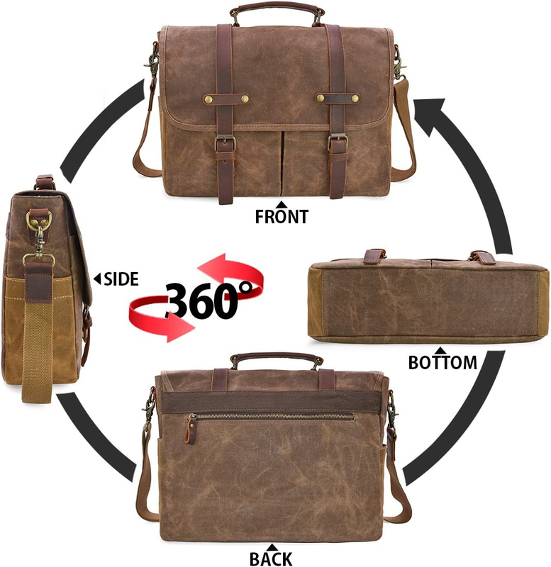Mens Messenger Bag 15.6 Inch Waterproof Vintage Genuine Leather Waxed Canvas Bri5