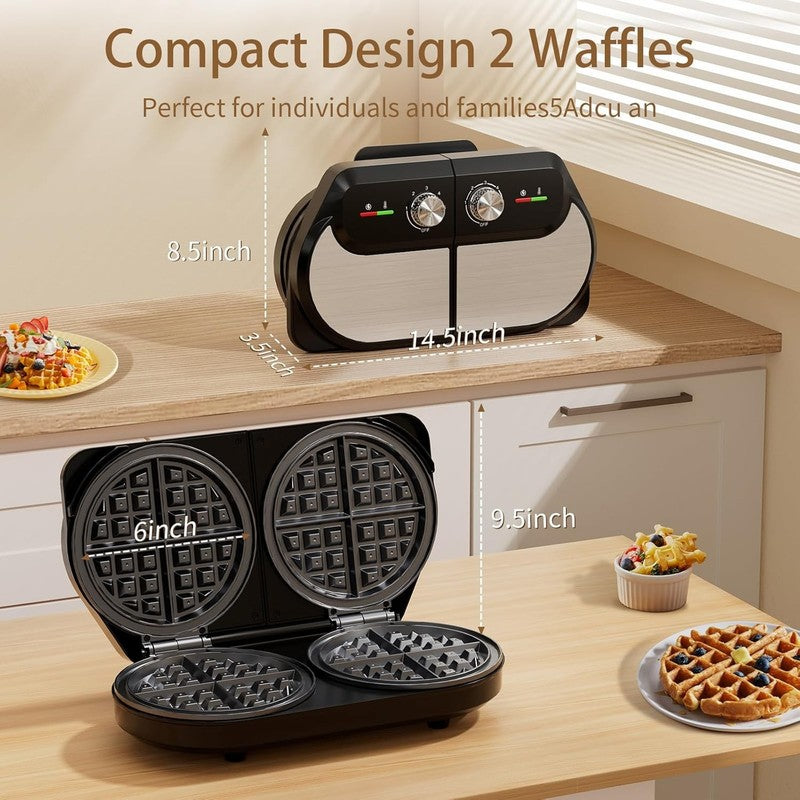 Double Waffle Maker 6" 1400W Belgian Waffle Iron Nonstick Temp Control Stainless5