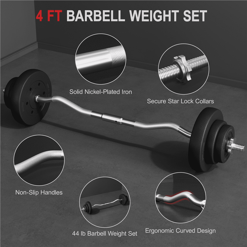 44 Lb Barbell Weight Set with Plates and Detachable Curl Bar, Black4