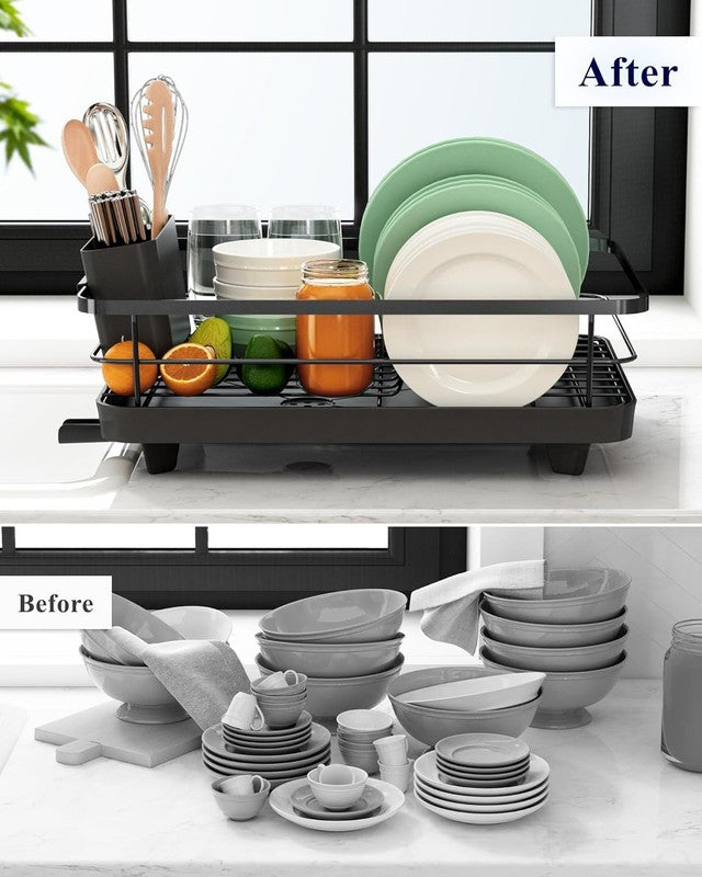 Stainless Steel Dish Drying Rack with Cutlery Holder   Black Kitchen Organizer8