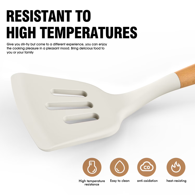 Silicone Kitchen Utensil Set Wooden Handle Holder Heat Resistant Cream White5