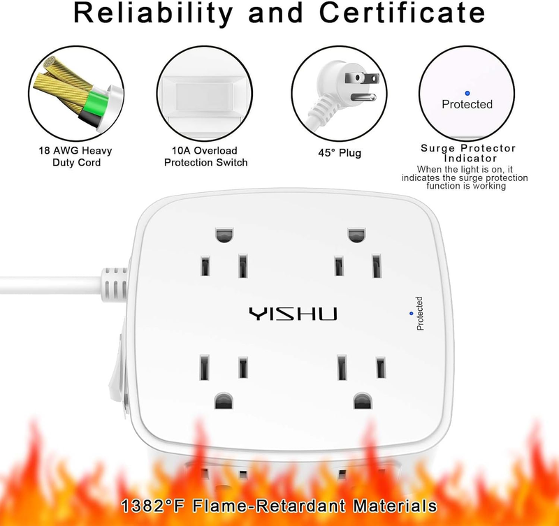 6FT Surge Protector Power Strip 8 Outlets 4 USB Flat Plug Extension Cord5