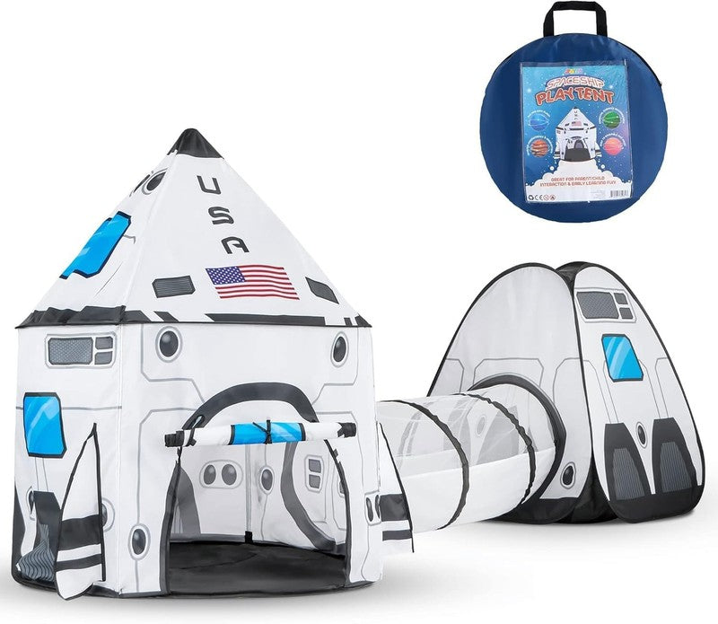 White Rocket Ship Pop up Play Tent with Tunnel and Playhouse Kids Indoor Outdoor8
