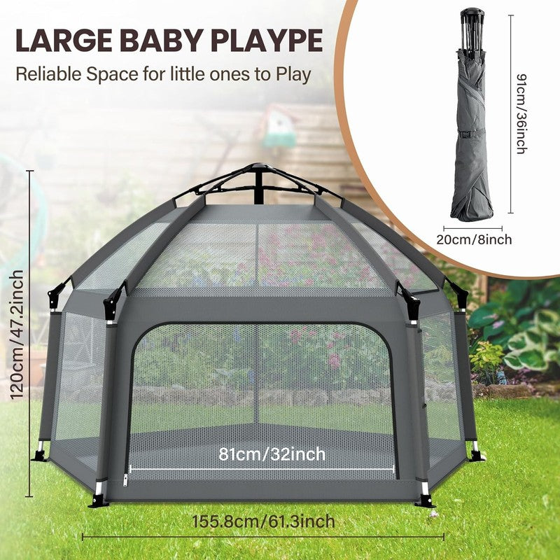 Portable Baby Playpen with Self-Inflating Mat & Travel Bag - Grey5