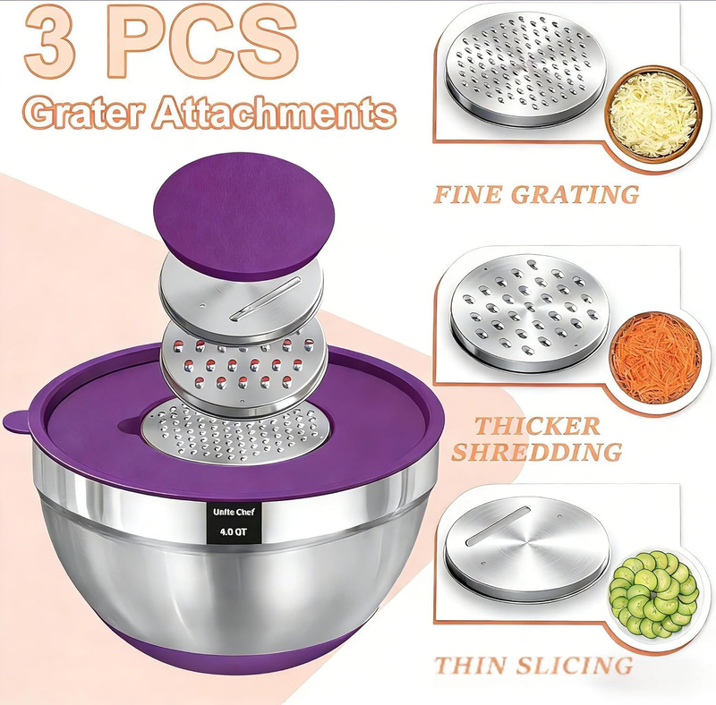 26PC Stainless Steel Mixing Bowl Set w/ Lids Grater Color Non Slip5