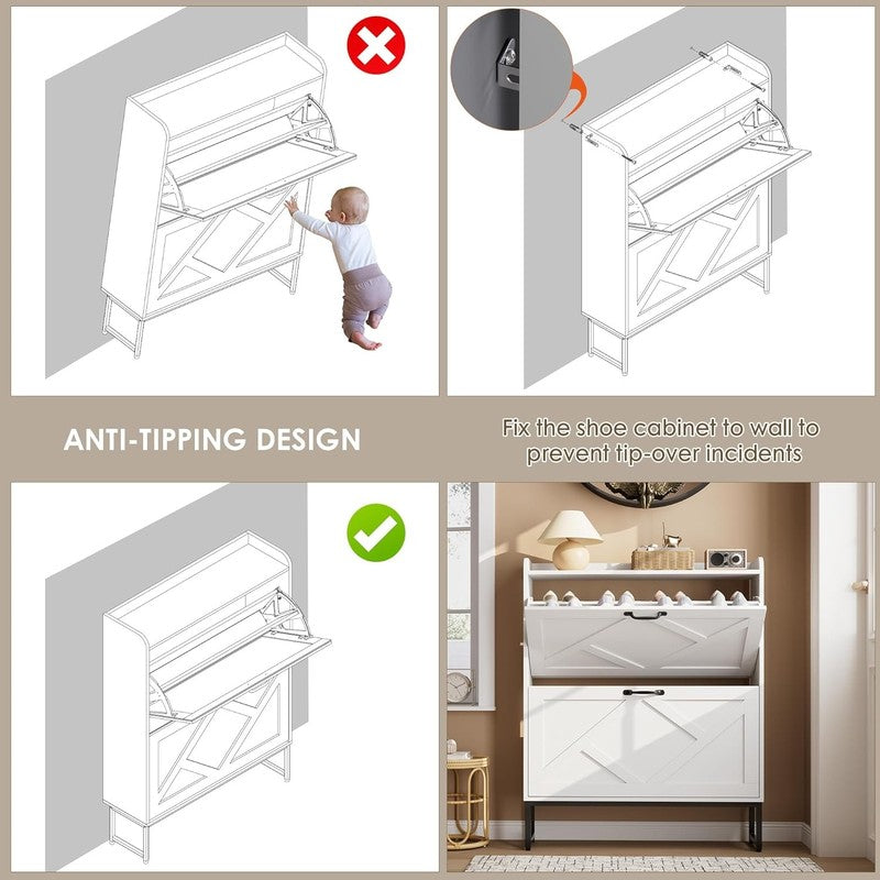 Shoe Cabinet 2 Flip Drawers Freestanding Narrow Rack Entryway Foyer White8
