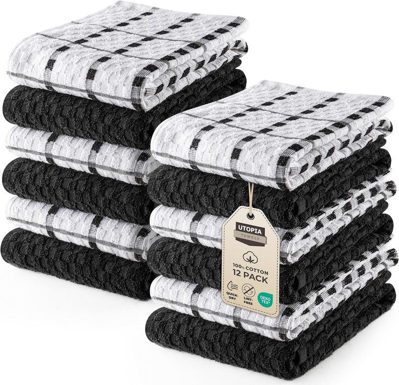 12 Pack Kitchen Towels 15x25" 100% Cotton Super Soft Absorbent Black9