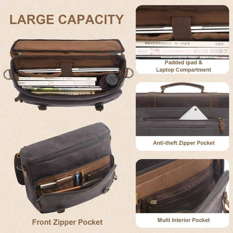 Mens Waxed Canvas Messenger Bag 16 Laptop Briefcase Leather Waterproof Satchel4