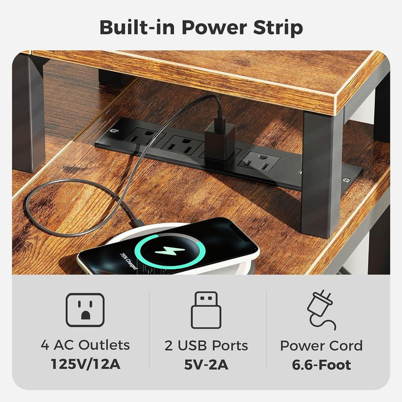 47'' Reversible L Shaped Desk LED Lights Power Outlets Gaming Rustic3