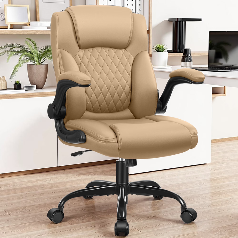 High Back Leather Office Chair Wide Seat Lumbar Support Tan6