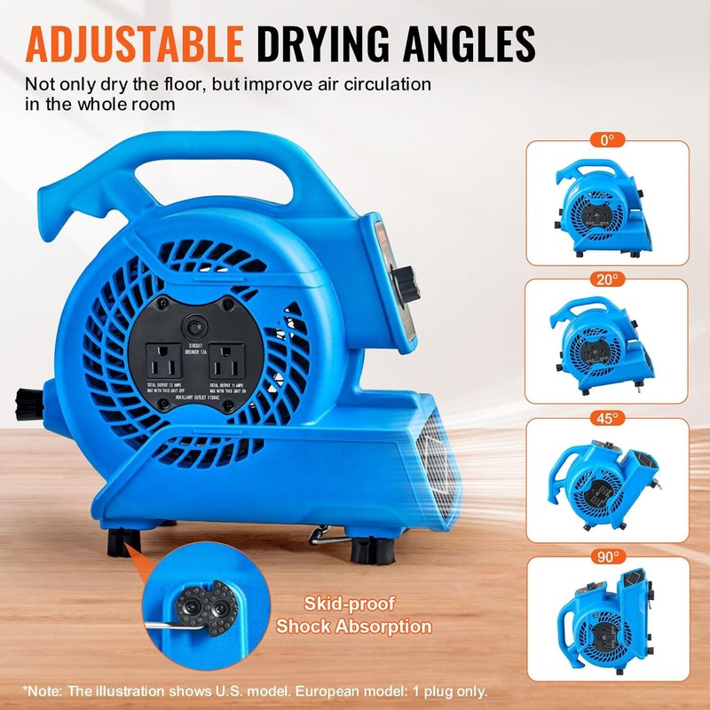 600CFM Floor Blower Air Mover 1360RPM 3-Speed Carpet Dryer Portable Fan3