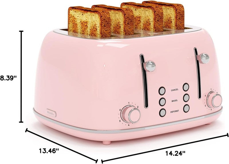 4-Slice Retro Toaster Pink 6 Shade Settings Cancel/Defrost/Reheat Wide Slots8