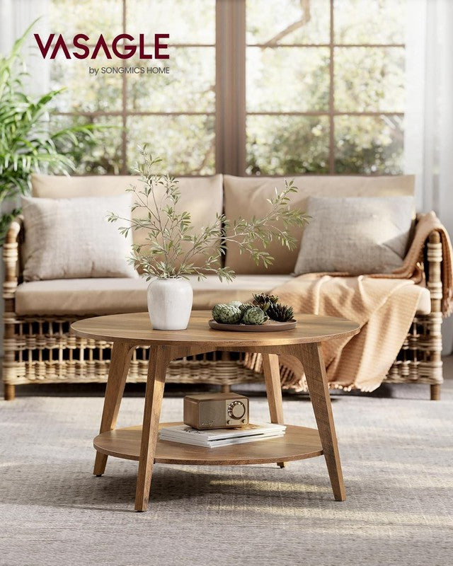 Round Coffee Table 2 Tier Storage Honey Brown 31.5in Living Room1