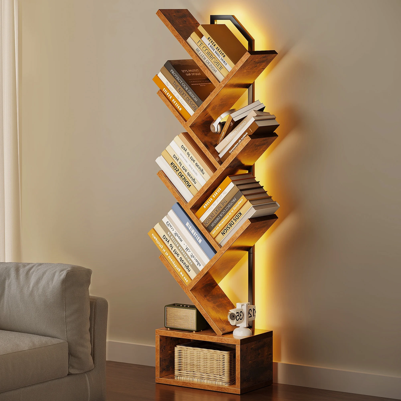 6 Tier Tree Bookshelf, Bookcase with LED Lights, Display Floor Standing Storage0