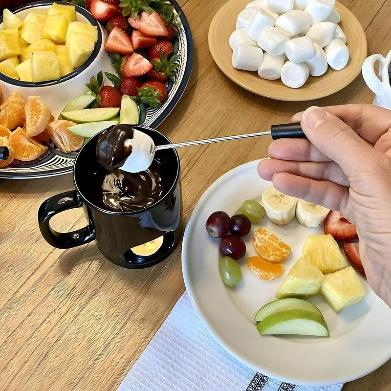 Mini Fondue Mug Set (2 Pack), Ceramic, 4 Forks, 8 Candles, Chocolate/Cheese Gift6