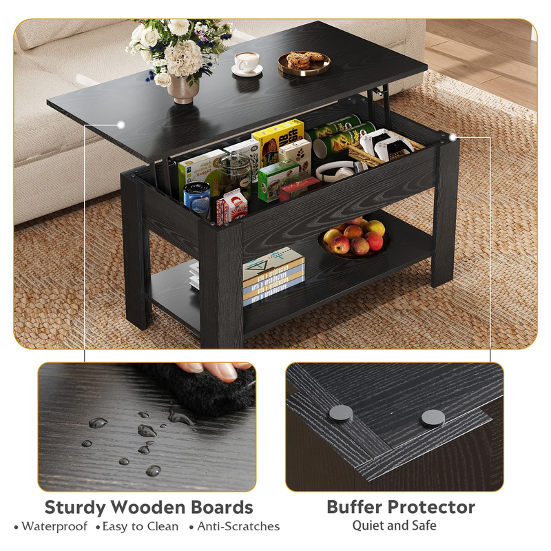39" Lift Top Coffee Table with Storage Shelf & Hidden Compartment and Lifting To2