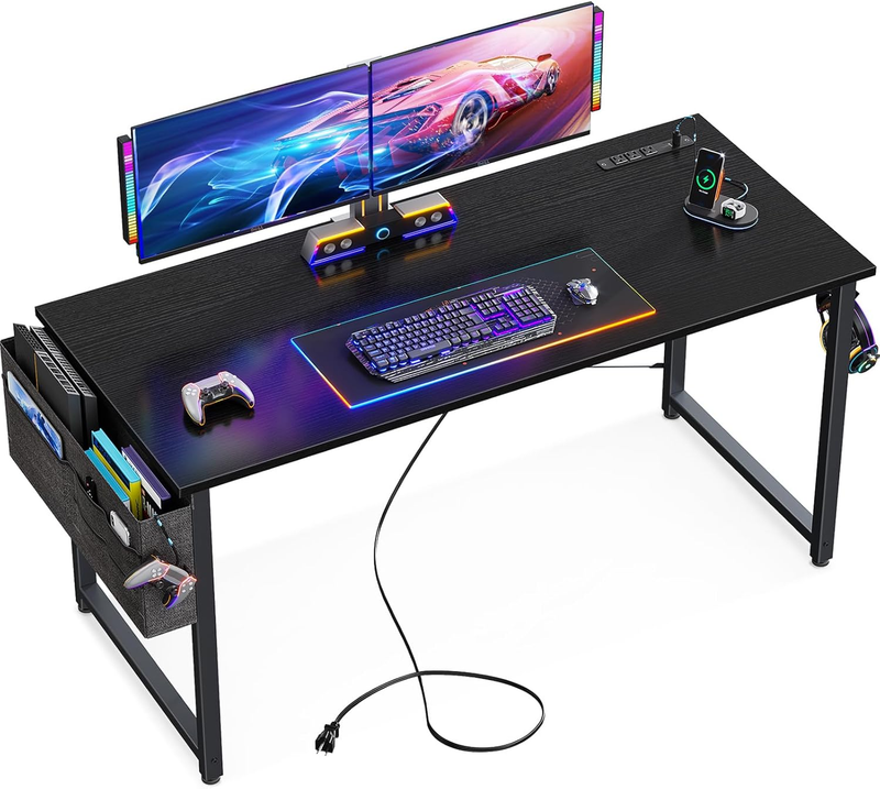 48" Small Computer Desk w/ Power Outlets USB Port Storage Bag Hook Office Black9